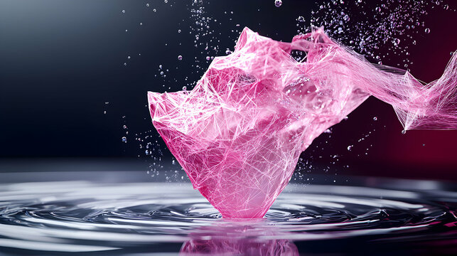 Abstract pink structure interacts with water creating dynamic visual effect. Great for modern art designs product visuals or promotional materials.