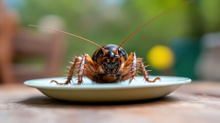 This image showcases a detailed close-up of a cockroach presented on a plate, highlighting its intricate features and natural habitat, evoking strong emotional reactions.