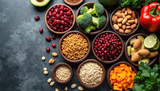 Various bowls full of nuts beans vegetables. Broccoli almonds red bell pepper avocado berries, seeds in bowls on table. Fresh ingredients for healthy diet. Vegetarian vegan food rich in vitamins,