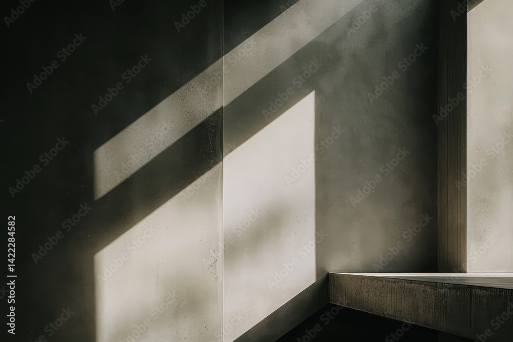Poster sunlight streams through a window, creating sharp contrasts of light and shadow on a light-colored w