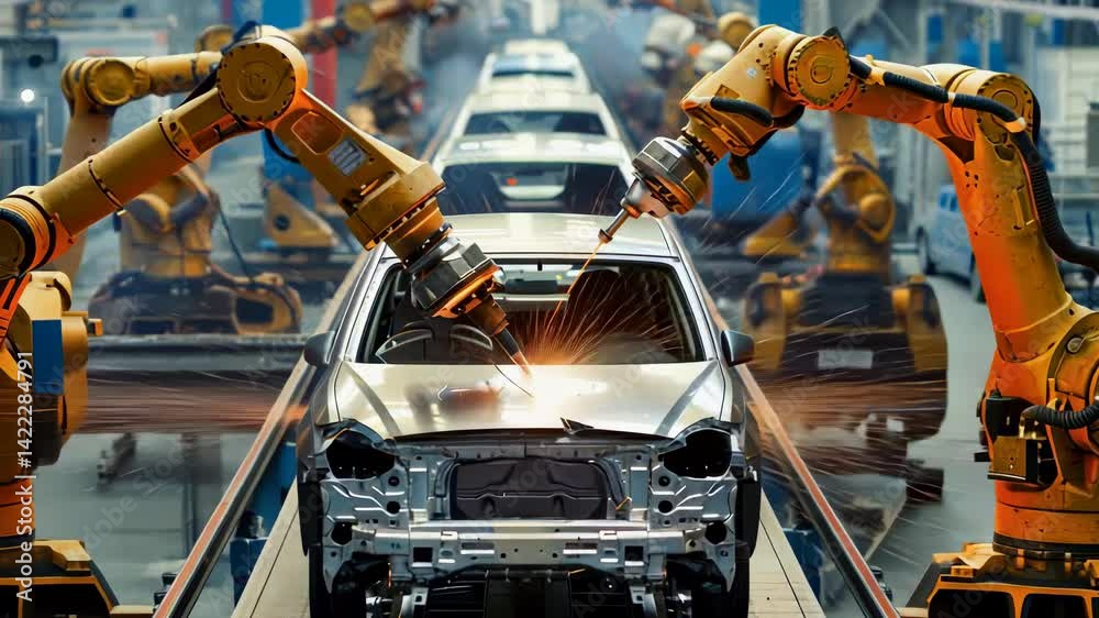Poster Car frames are being welded by robotic arms on a factory assembly line, showcasing automated automotive manufacturing. The scene is bright with welding sparks, and additional car frames are visible. 