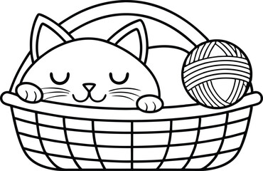 Line art style Kitten sleeping in basket with wool ball, outline drawing