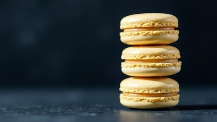 pile of beige macaroons standing on top of each other on a dark background