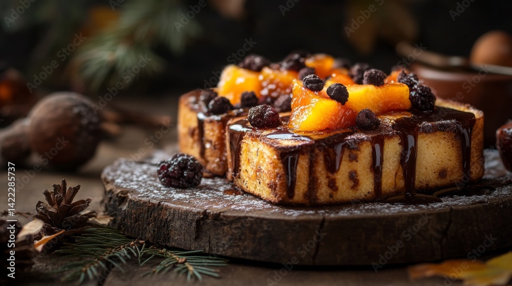 Aufkleber a beautifully arranged serving of honey toast with chocolate sauce and caramelized fruit toppings, s