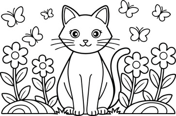 Black Outline Drawing Sitting Cartoon Cat, Flowers, Butterflies on Transparent