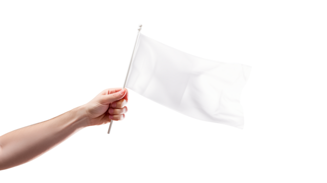 A hand holding a white flag against a black background in a studio shot isolated on transparent background