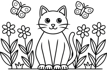 Obraz premium Outline Cat in Field with Flowers and Butterflies, Whiskers, Black and White