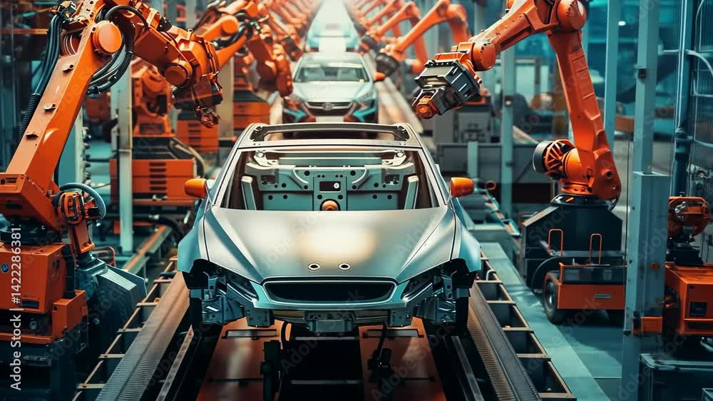 Fototapete A streamlined automotive manufacturing scene showcases precise assembly vehicle chassis. Robotic arms, guided by advanced technology, work to create structure for automobiles within a modern factory