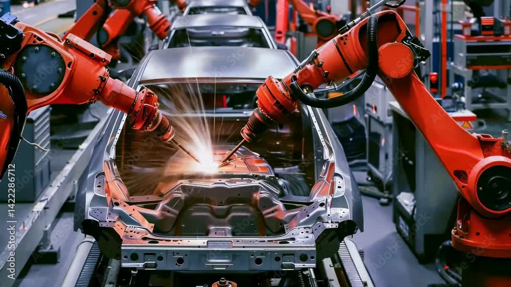 Poster the video showcases advanced robotic arms skillfully performing intricate welding tasks on vehicle f