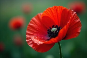 Fototapeta premium Crimson poppy, glistening raindrops cling to petals , botanical, petals, wildflower