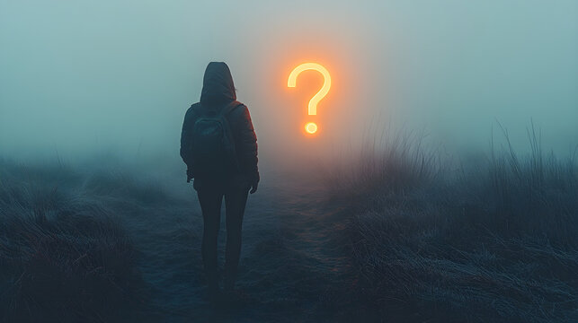 Foggy scene with glowing question mark facing a person, symbolizing curiosity and growth