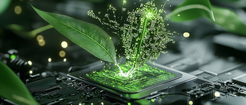 An artistic representation of sustainable technology. Green leaves interact with a circuit board suggesting eco-friendly computing. Perfect for tech companies and environmental campaigns.