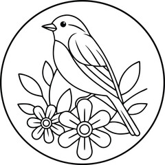 Bird and Flowers Outline with Leaves Inside Circle Shape on White