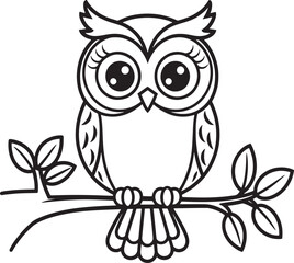 Fototapeta premium Cute Cartoon Owl Sitting On Branch With Leaves Vector Illustration