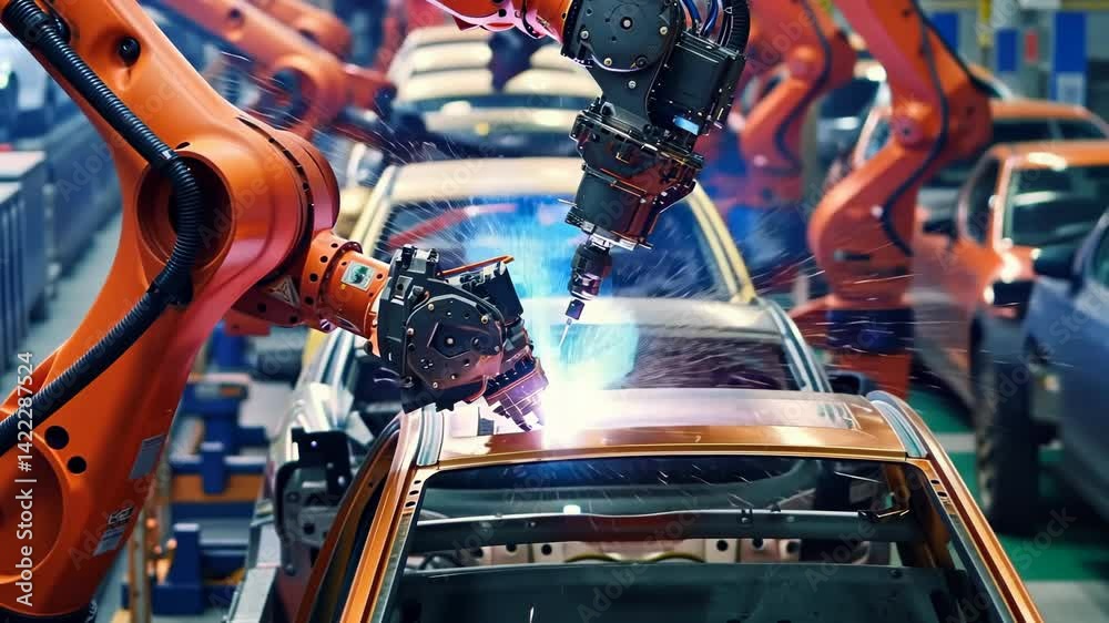 Poster a car assembly line showcases automated welding by robotic arms. the arms work meticulously on car b