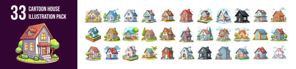 Cartoon House Illustrations Set. Vector Pack in various architectural styles. Perfect for real estate apps, children's books or home building logo designs.