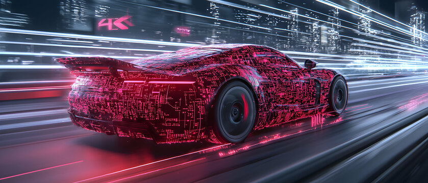 Futuristic car design with digital circuit patterns racing through a neon cityscape. Great for tech marketing or innovative automotive concepts. Illustrates speed and connectivity
