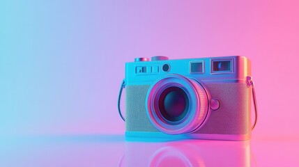 Retro camera on reflective surface in vivid neon lights creating a vibrant and nostalgic atmosphere with a modern twist for photography enthusiasts