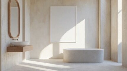 Minimalist Bathroom with Blank Canvas and Wooden Features. 3D Rendering