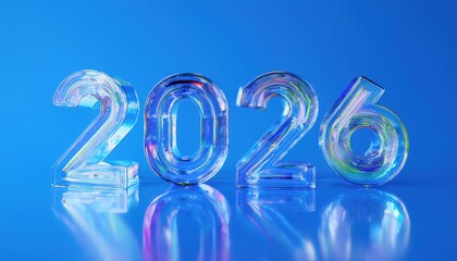 colorful 2026 transparent glass numbers with vibrant reflections for new year designs, branding, and web media