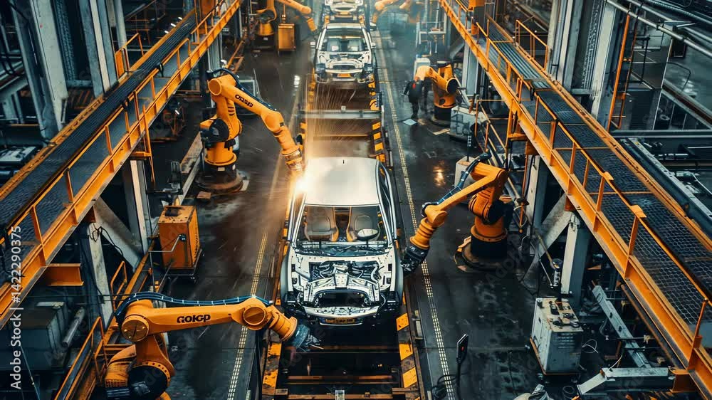 Poster a hightech automotive assembly line is prominently showcasing advanced robotic arms and cuttingedge 