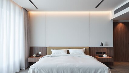 Modern Minimalist Hotel Room with Blank Wall, Ideal for Design Concepts