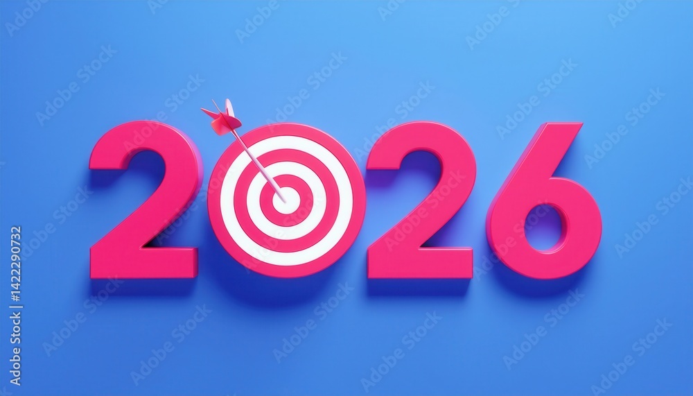 Poster 2026 target new year with dart hitting bullseye on blue background, 3d illustration for web design, 