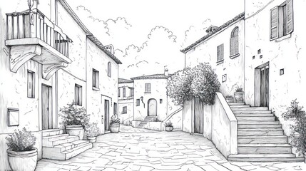 Naklejka premium Italian Village Street Scene, Drawing, Peaceful, Outdoors