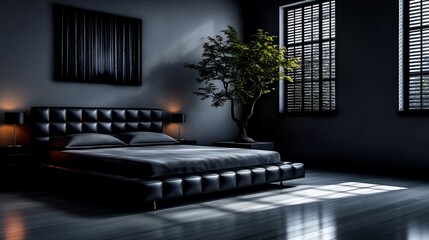 Contemporary bedroom interior with black leather bed and natural light interplay