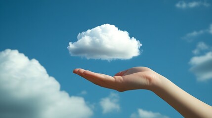 Hand cradling cloud : A pristine hand gently cradles a fluffy cloud against a vibrant backdrop of the radiant blue sky. A tender moment of serenity and dreamlike tranquility.