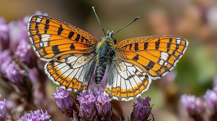 Orange butterfly on purple flower, meadow background, nature photography, stock image