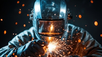 The action of welding sparks captures the imagination, displaying the artistry and strength required, with bright lights contrasting against the dark background within an industrial setting.