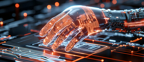 Futuristic robotic hand on a circuit board with glowing circuits representing digital technology. Could be used in science fiction or technology-related projects.