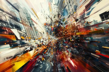 A vibrant, abstract representation of a city with a chaotic, jumbled feel, Generate a dynamic visual representation of jumbled elements