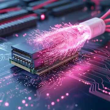 An artistic image showing a high-tech concept. It depicts fiber optic cables transferring data via light beams on a circuit board a good example of futuristic technology.