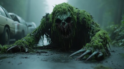 A terrifying, moss-covered creature crawls out of the misty woods, featuring skeletal features and eerie claws, captivating the viewer with its haunting presence.