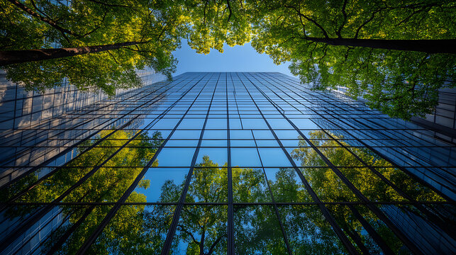 Glass building reflecting trees, symbolizing sustainable business values