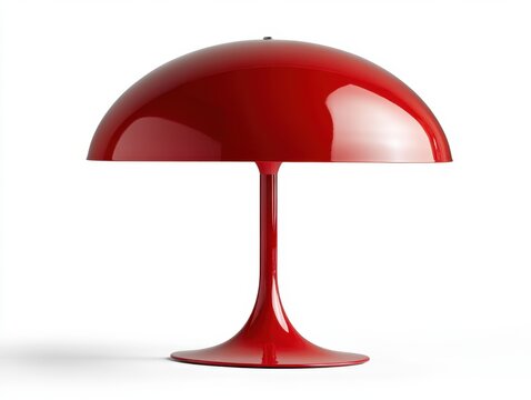 Sleek red mushroom lamp casting soft light on white background studio shot modern design home decor contemporary style