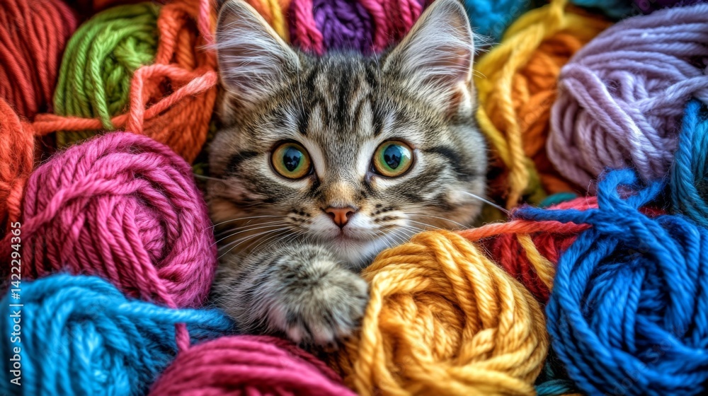 Poster A close-up of a round-faced cat with big, expressive eyes, nestled in a pile of colorful yarn, creating a delightful and charming composition.