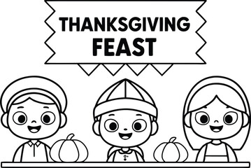 Thanksgiving Feast Text with Outline Children, pumpkin on Transparent Background