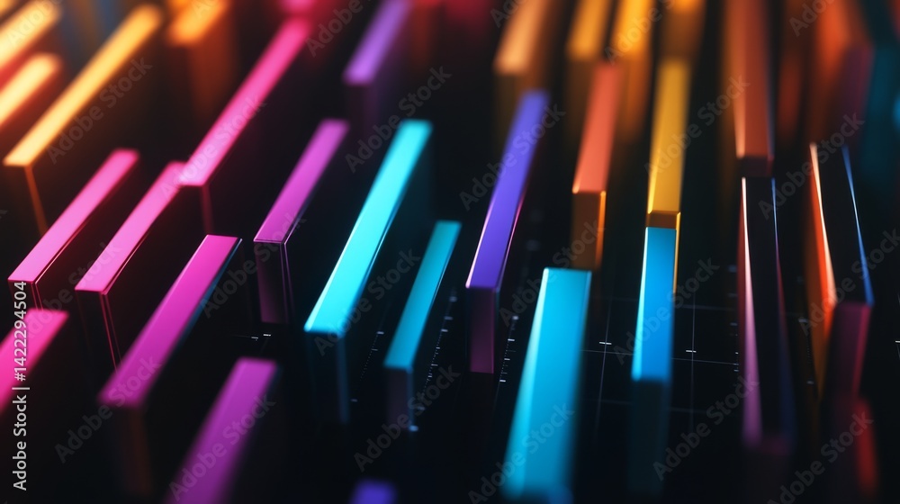 Poster a close-up of a segmented d bar graph displaying various data categories, with each bar designed in 