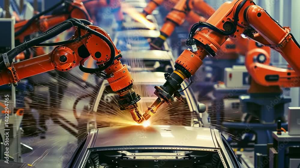 Poster automated car production line with robotic arms welding car bodies. the image features sparks flying
