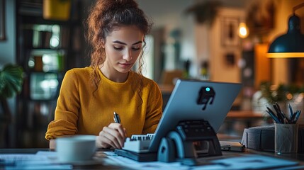 Obraz premium Woman Working on Laptop in Cozy Home Office