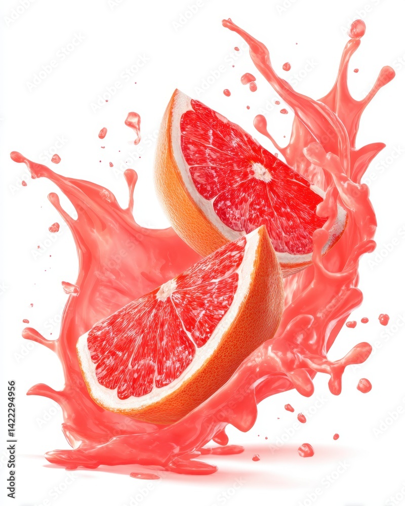 Poster vibrant grapefruit slices exploding in a refreshing splash of juice against a clean white backdrop c