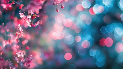 Vibrant abstract bokeh circles in pink and blue colors on dark background.