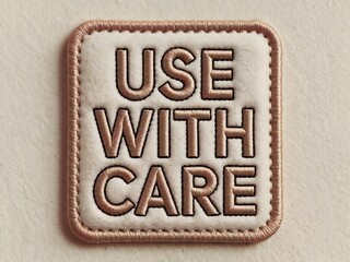 Square patch with bold brown USE WITH CARE text on cream fabric, featuring a rounded edge brown border and visible stitching details.