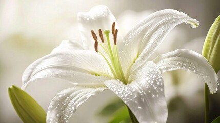 Obraz premium A close-up of a white lily with sparkling water droplets, showcasing the elegance of the flower and the intricate details of its petals in natural light.