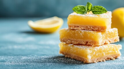 A mouthwatering stack of lemon bars dusted with powdered sugar, surrounded by fresh lemon slices, epitomizing the cheerful and zesty flavor of citrus desserts.