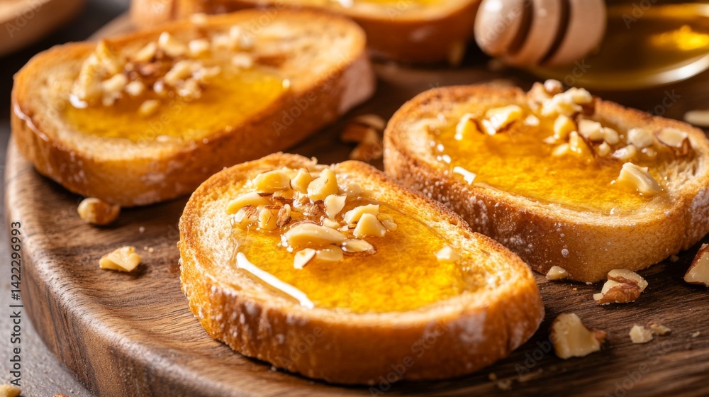 Poster A close-up of honey toast with melted butter and a drizzle of honey, garnished with crushed nuts and served on a wooden platter, creating a warm and inviting feel.