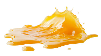 Freshly squeezed orange juice forming a vibrant puddle with small droplets splashing around isolated on transparent background
